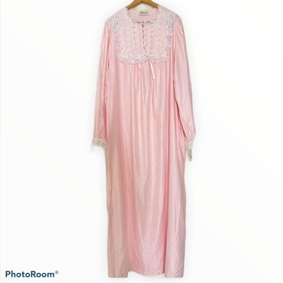 Vintage Deadstock 70’s Soft Pastel Pink Long Satin Button Up Robe Housecoat Sz S - Picture 1 of 12